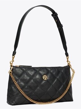 Tory Burch Black Quilted Leather Shoulder Bag with Gold Chain